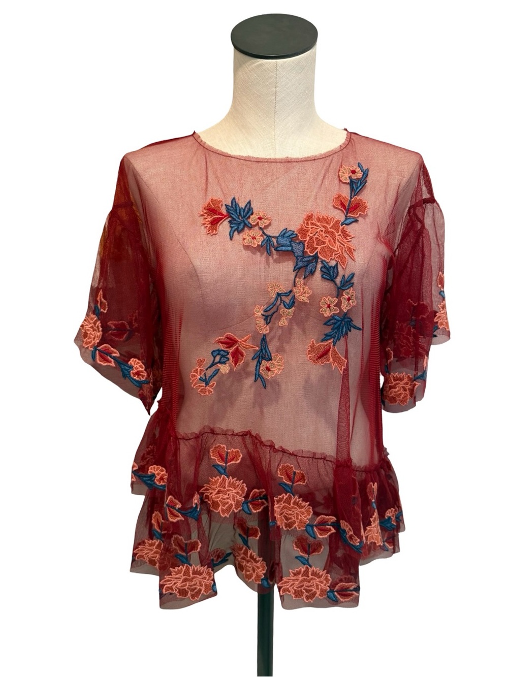 Zara Shear Ruffled Top with Floral Embroidered size S
